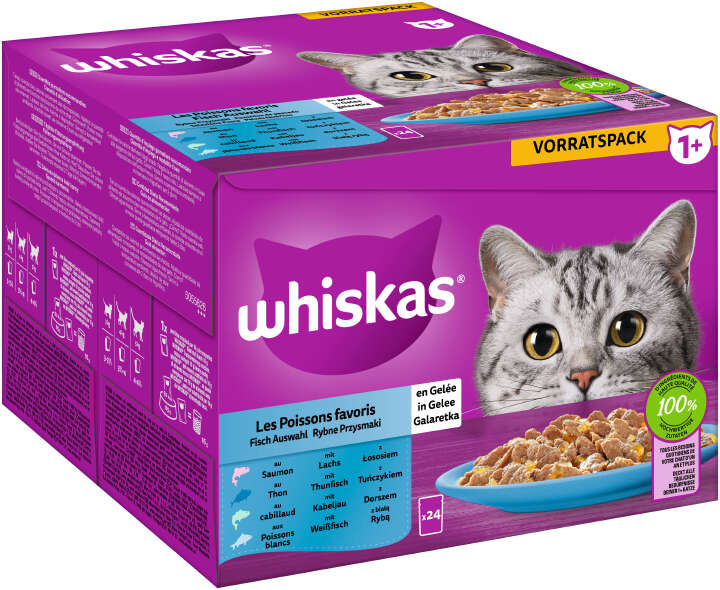 whiskas Portionsbeutel Katzen-Nassfutter Multipack Vorratspack 1+ Fisch Auswahl in Gelee 24 x 85g